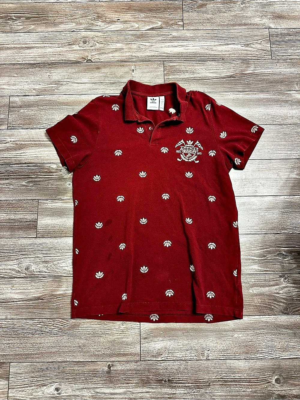 Vintage adidas Originals Allover Trefoil Monogram Polo Shirt Burgundy Large
